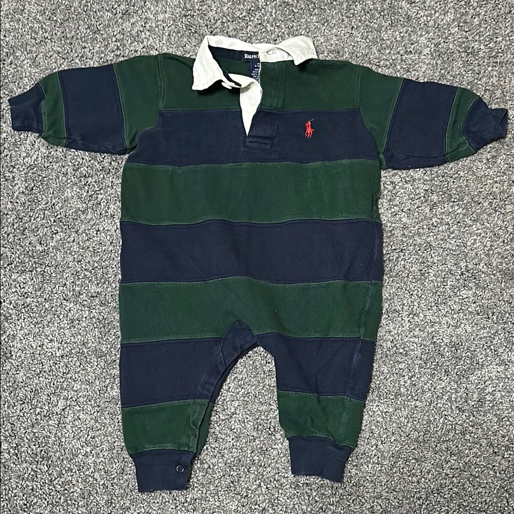 Ralph Lauren Green and Navy Striped Baby Onesie